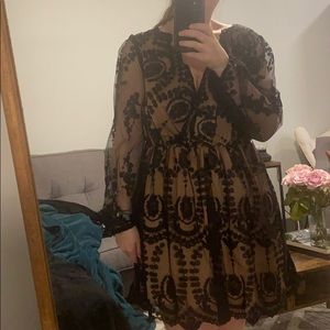 Boo hoo nude and black lace dress